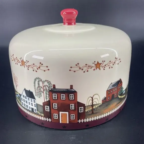 Vintage 8” Ceramic Dome Cake Cheese Plate Cover Country Farm Fence Willow Star - Picture 2 of 6